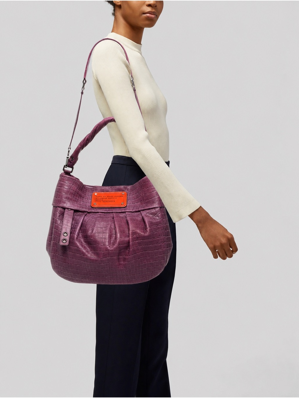Marc by Marc Jacob’s Plum Croc-Embossed  Hobo Shoulder Bag Orange Logo Accent Y2